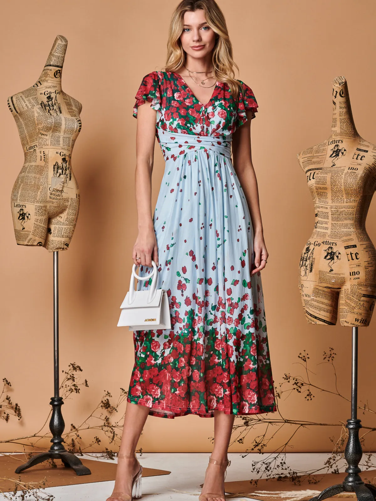 Jolie Moi Occasion Dresses|Mesh Dresses-Symmetrical Floral Print Mesh Maxi Dress, Blue Multi