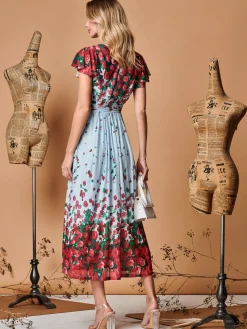Jolie Moi Occasion Dresses|Mesh Dresses-Symmetrical Floral Print Mesh Maxi Dress, Blue Multi