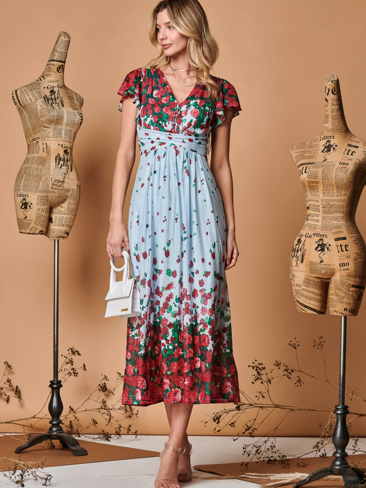 Jolie Moi Occasion Dresses|Mesh Dresses-Symmetrical Floral Print Mesh Maxi Dress, Blue Multi