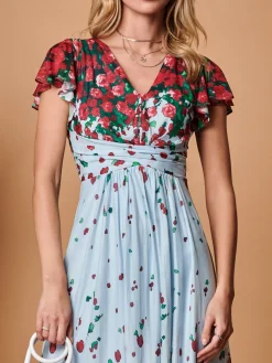 Jolie Moi Occasion Dresses|Mesh Dresses-Symmetrical Floral Print Mesh Maxi Dress, Blue Multi
