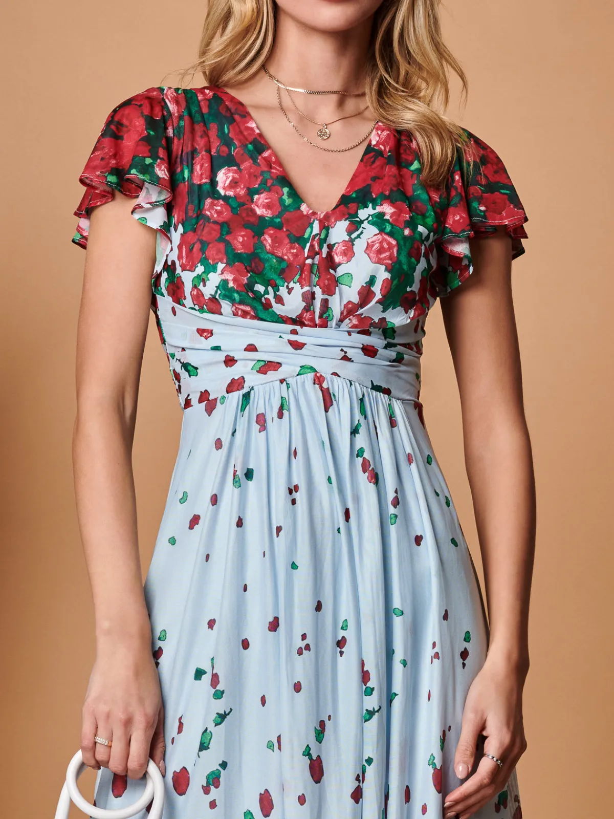 Jolie Moi Occasion Dresses|Mesh Dresses-Symmetrical Floral Print Mesh Maxi Dress, Blue Multi