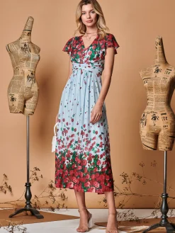 Jolie Moi Occasion Dresses|Mesh Dresses-Symmetrical Floral Print Mesh Maxi Dress, Blue Multi