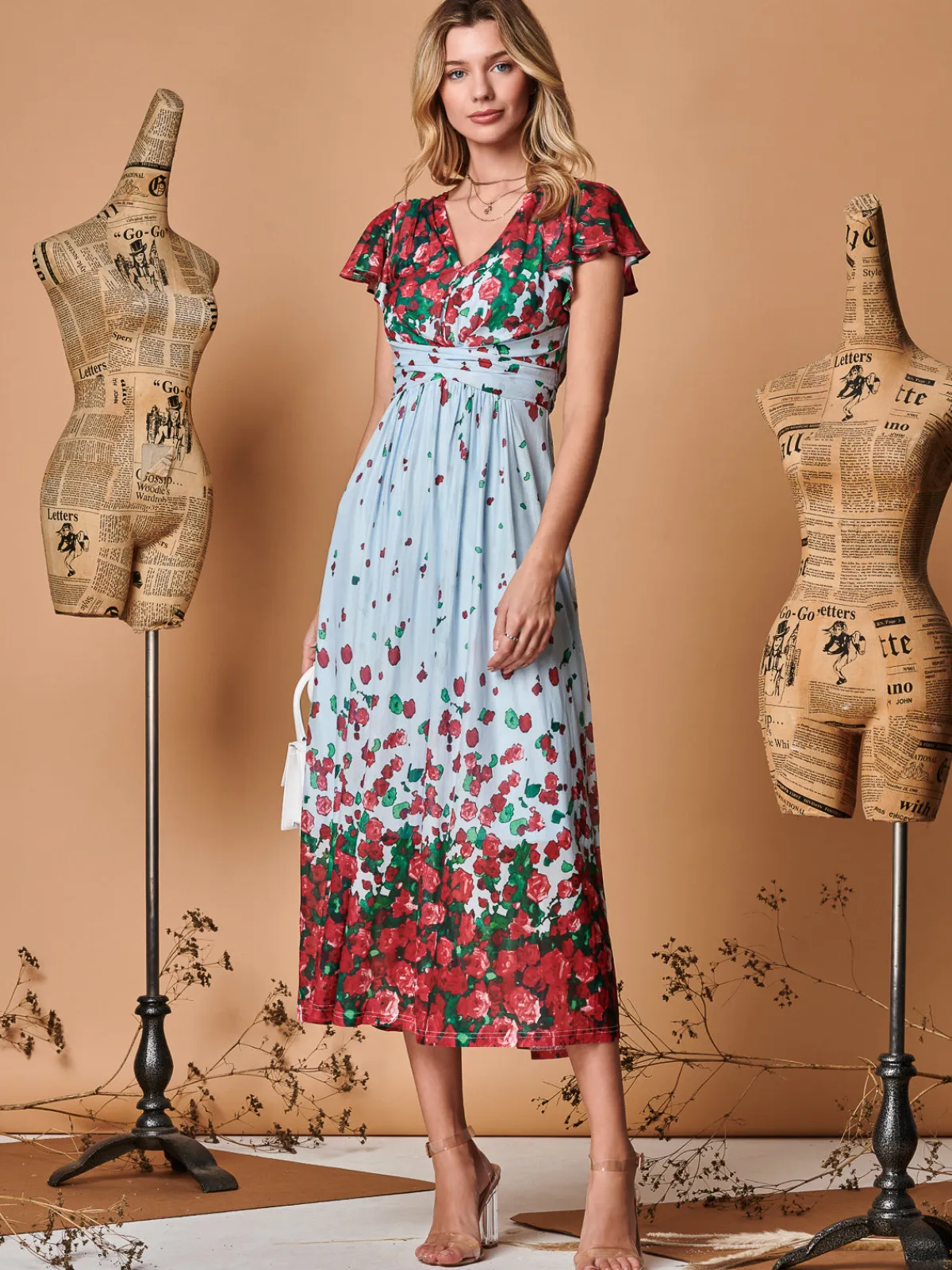 Jolie Moi Occasion Dresses|Mesh Dresses-Symmetrical Floral Print Mesh Maxi Dress, Blue Multi