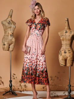 Jolie Moi Occasion Dresses|Mesh Dresses-Symmetrical Floral Print Mesh Maxi Dress, Coral Pink