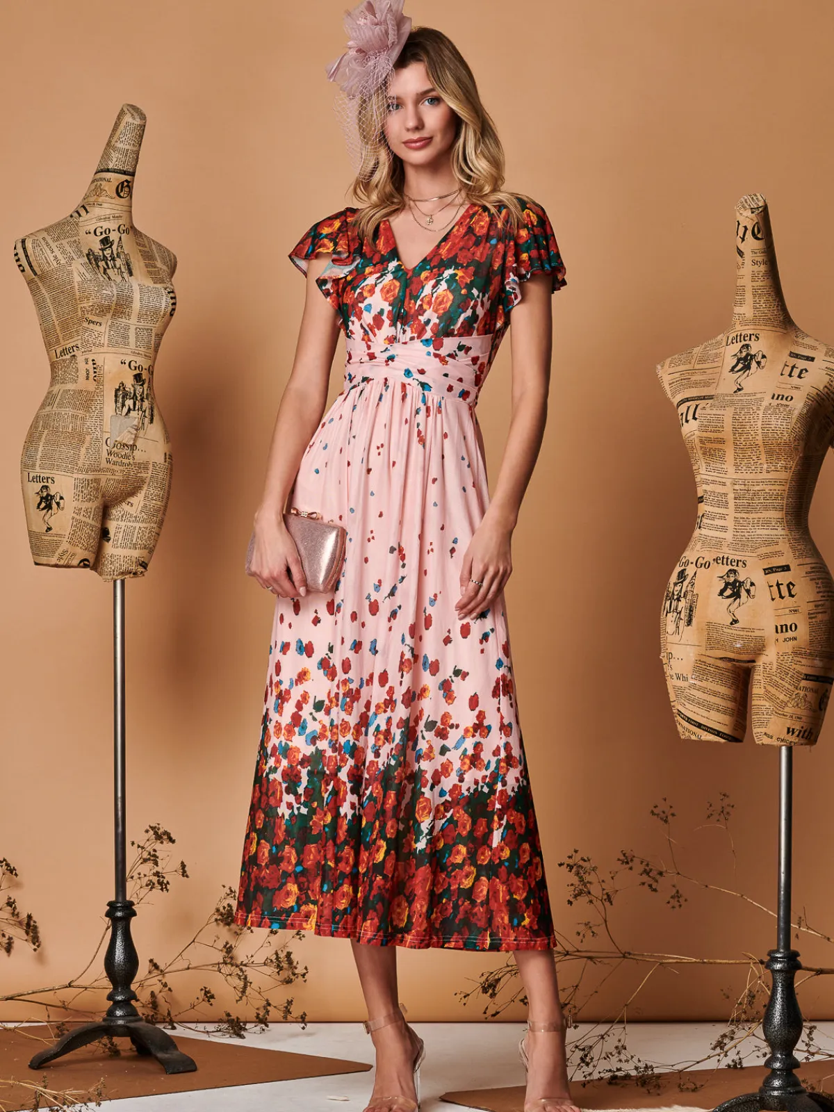 Jolie Moi Occasion Dresses|Mesh Dresses-Symmetrical Floral Print Mesh Maxi Dress, Coral Pink