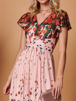 Jolie Moi Occasion Dresses|Mesh Dresses-Symmetrical Floral Print Mesh Maxi Dress, Coral Pink