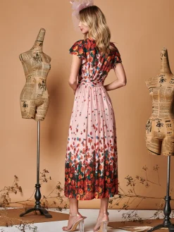 Jolie Moi Occasion Dresses|Mesh Dresses-Symmetrical Floral Print Mesh Maxi Dress, Coral Pink