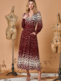 Jolie Moi Occasion Dresses|Long Sleeved Dresses-Symmetrical Print Mesh Maxi Dress, Burgundy Multi
