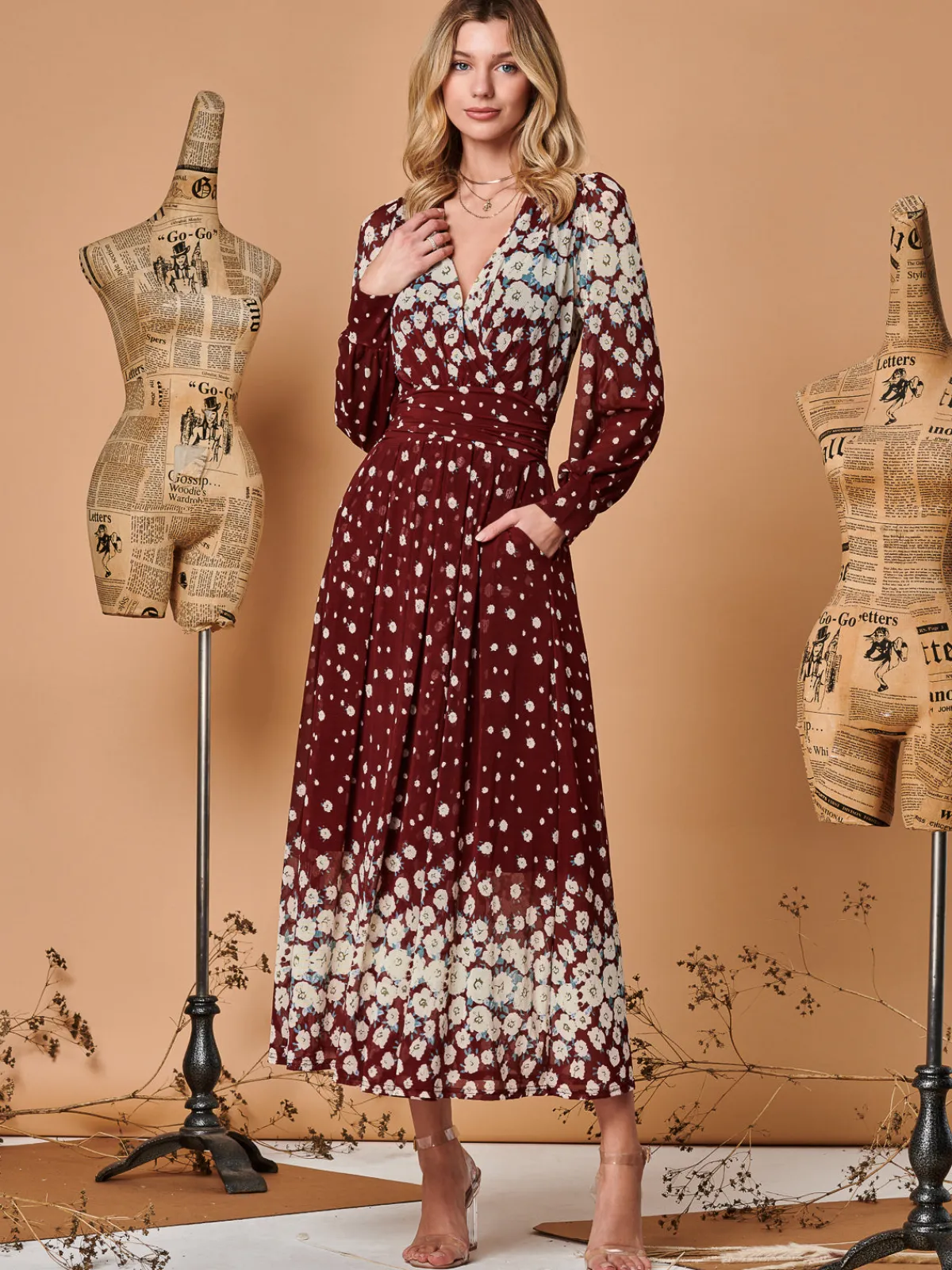 Jolie Moi Occasion Dresses|Long Sleeved Dresses-Symmetrical Print Mesh Maxi Dress, Burgundy Multi