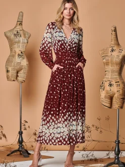 Jolie Moi Occasion Dresses|Long Sleeved Dresses-Symmetrical Print Mesh Maxi Dress, Burgundy Multi