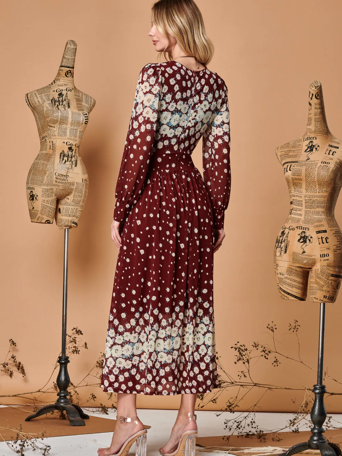 Jolie Moi Occasion Dresses|Long Sleeved Dresses-Symmetrical Print Mesh Maxi Dress, Burgundy Multi