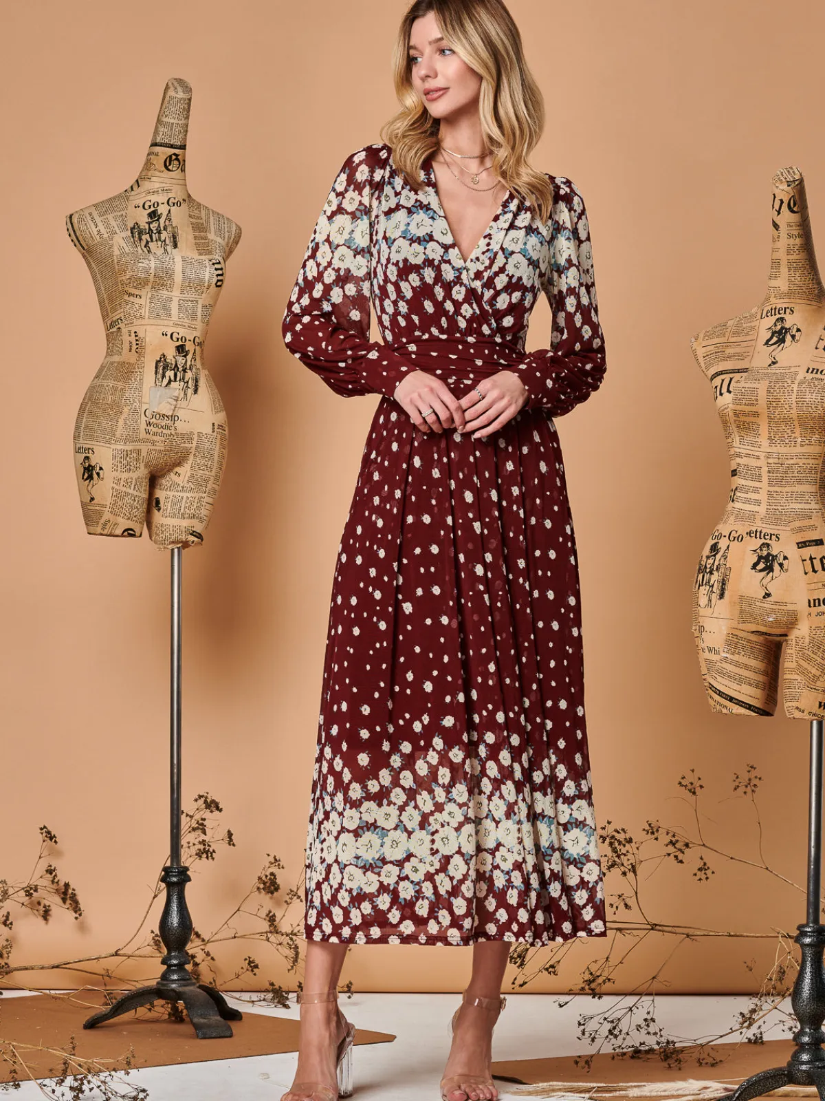 Jolie Moi Occasion Dresses|Long Sleeved Dresses-Symmetrical Print Mesh Maxi Dress, Burgundy Multi