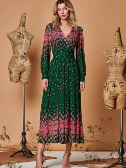 Jolie Moi Occasion Dresses|Long Sleeved Dresses-Symmetrical Print Mesh Maxi Dress, Green Floral