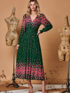 Jolie Moi Occasion Dresses|Long Sleeved Dresses-Symmetrical Print Mesh Maxi Dress, Green Floral