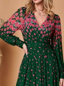 Jolie Moi Occasion Dresses|Long Sleeved Dresses-Symmetrical Print Mesh Maxi Dress, Green Floral
