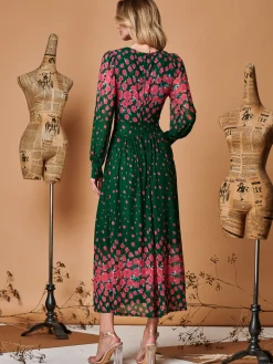 Jolie Moi Occasion Dresses|Long Sleeved Dresses-Symmetrical Print Mesh Maxi Dress, Green Floral