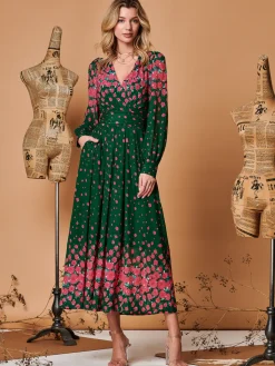 Jolie Moi Occasion Dresses|Long Sleeved Dresses-Symmetrical Print Mesh Maxi Dress, Green Floral