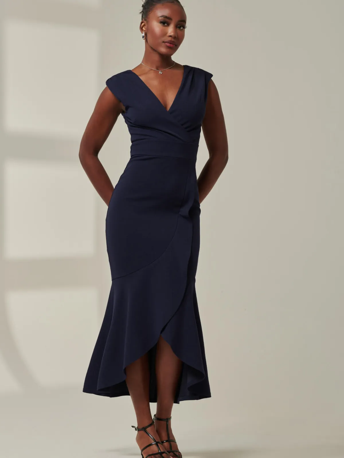 Jolie Moi Occasion Dresses|Wrap Dresses-Tara Sleeveless Draped Maxi Dress, Navy