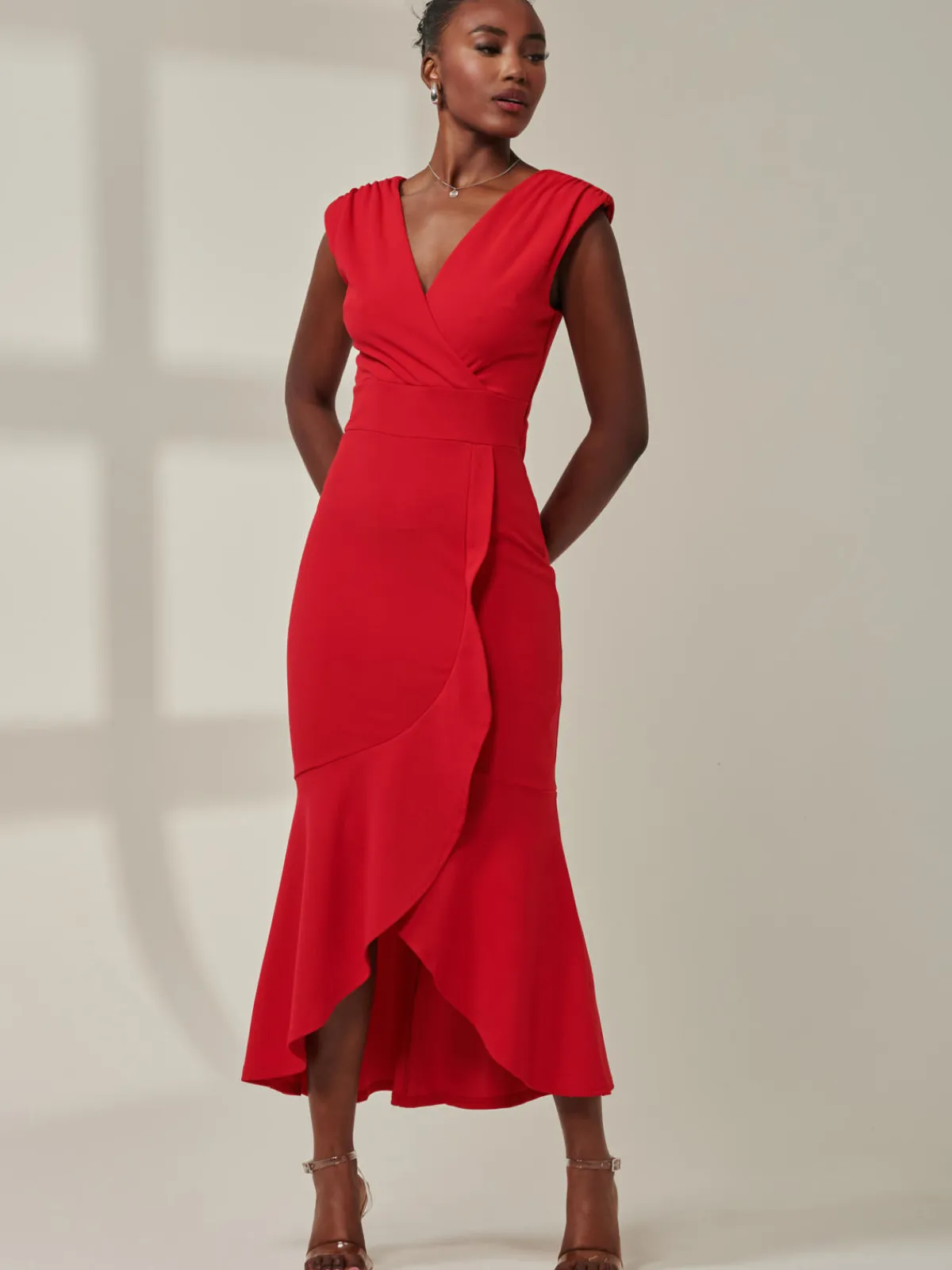 Jolie Moi Occasion Dresses|Wrap Dresses-Tara Sleeveless Draped Maxi Dress, Red