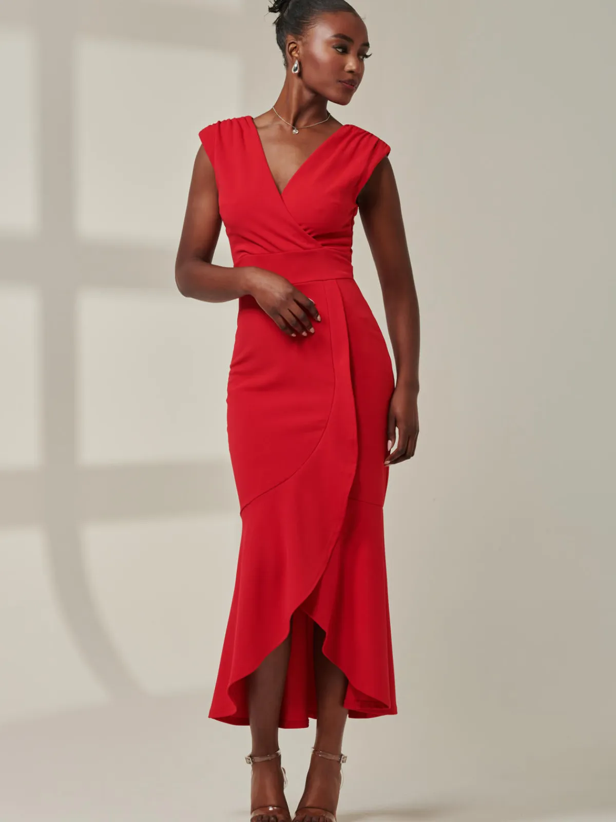 Jolie Moi Occasion Dresses|Wrap Dresses-Tara Sleeveless Draped Maxi Dress, Red