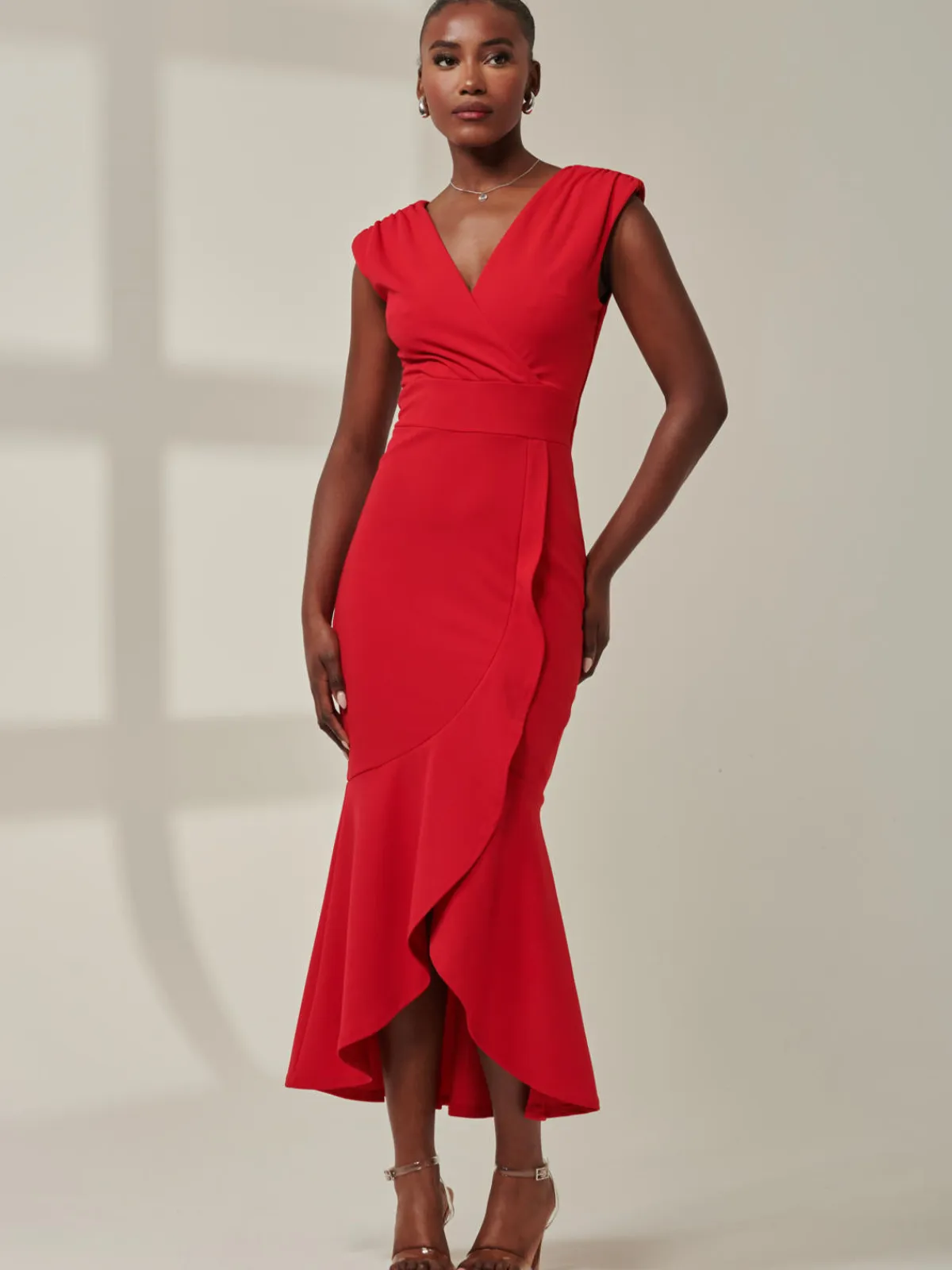 Jolie Moi Occasion Dresses|Wrap Dresses-Tara Sleeveless Draped Maxi Dress, Red