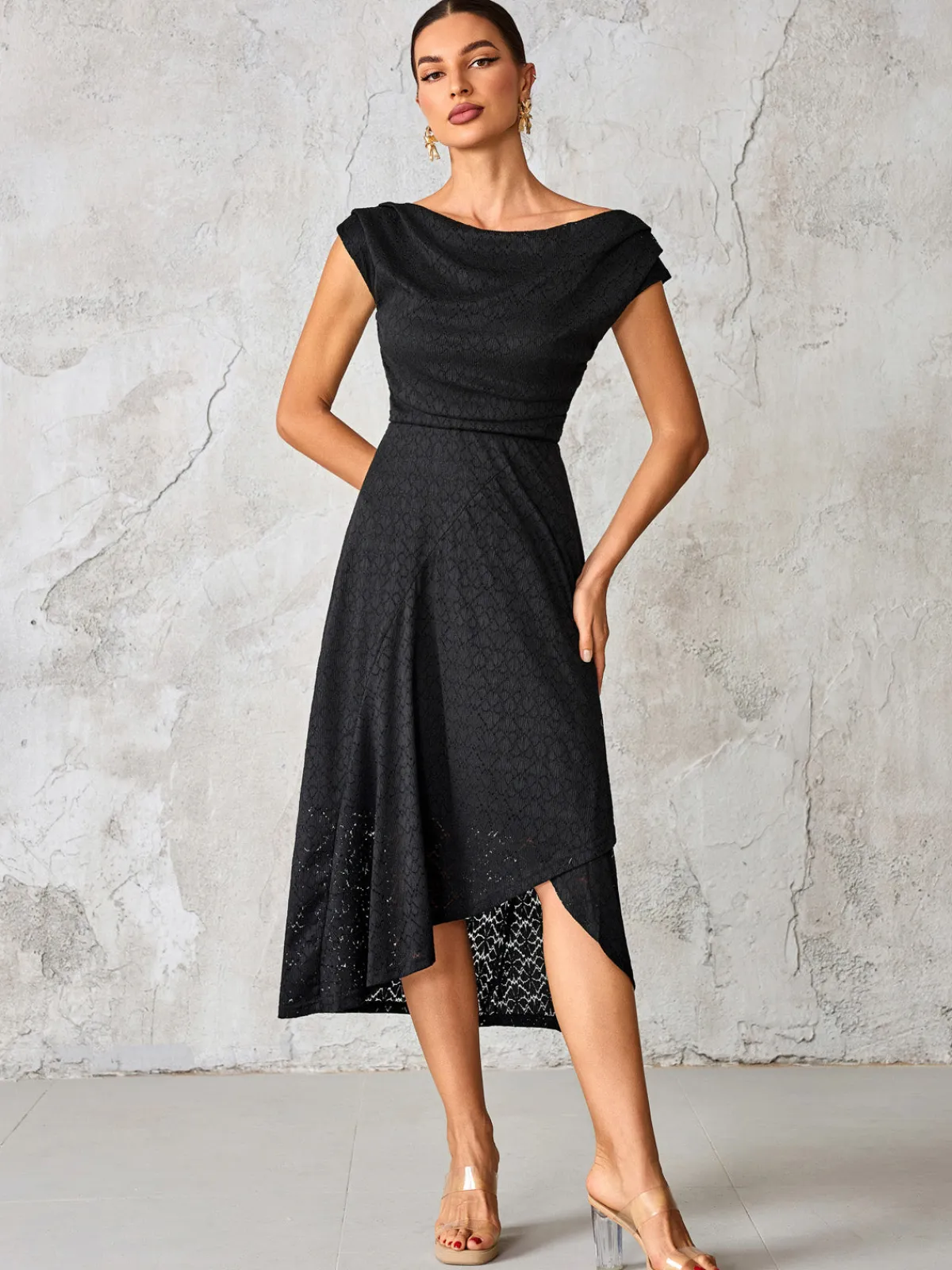 Jolie Moi Occasion Dresses|Maxi Dresses-Textured Asymmetrical Draped Midaxi Dress, Black