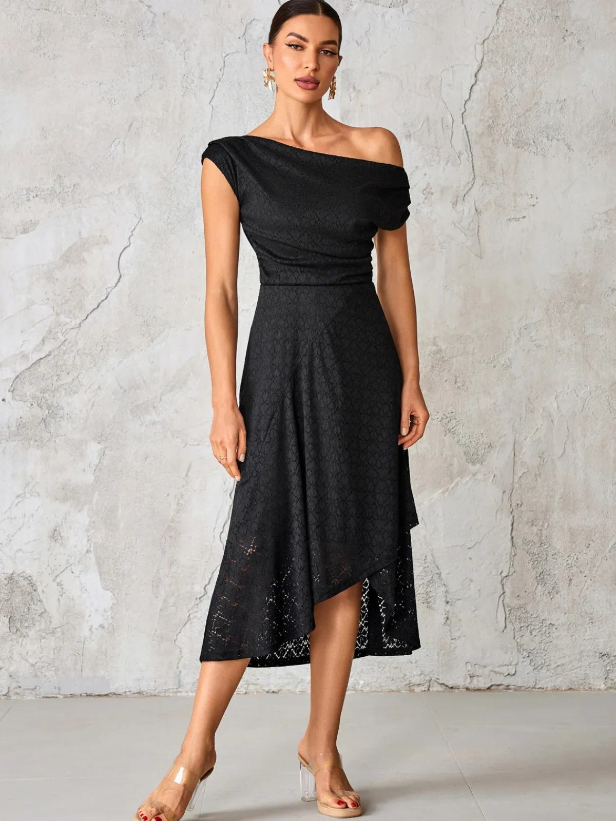 Jolie Moi Occasion Dresses|Maxi Dresses-Textured Asymmetrical Draped Midaxi Dress, Black