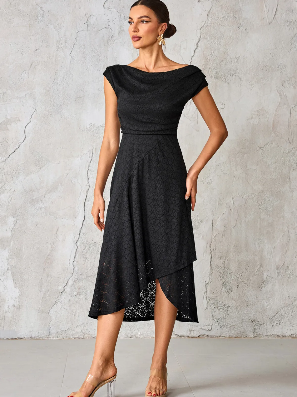 Jolie Moi Occasion Dresses|Maxi Dresses-Textured Asymmetrical Draped Midaxi Dress, Black
