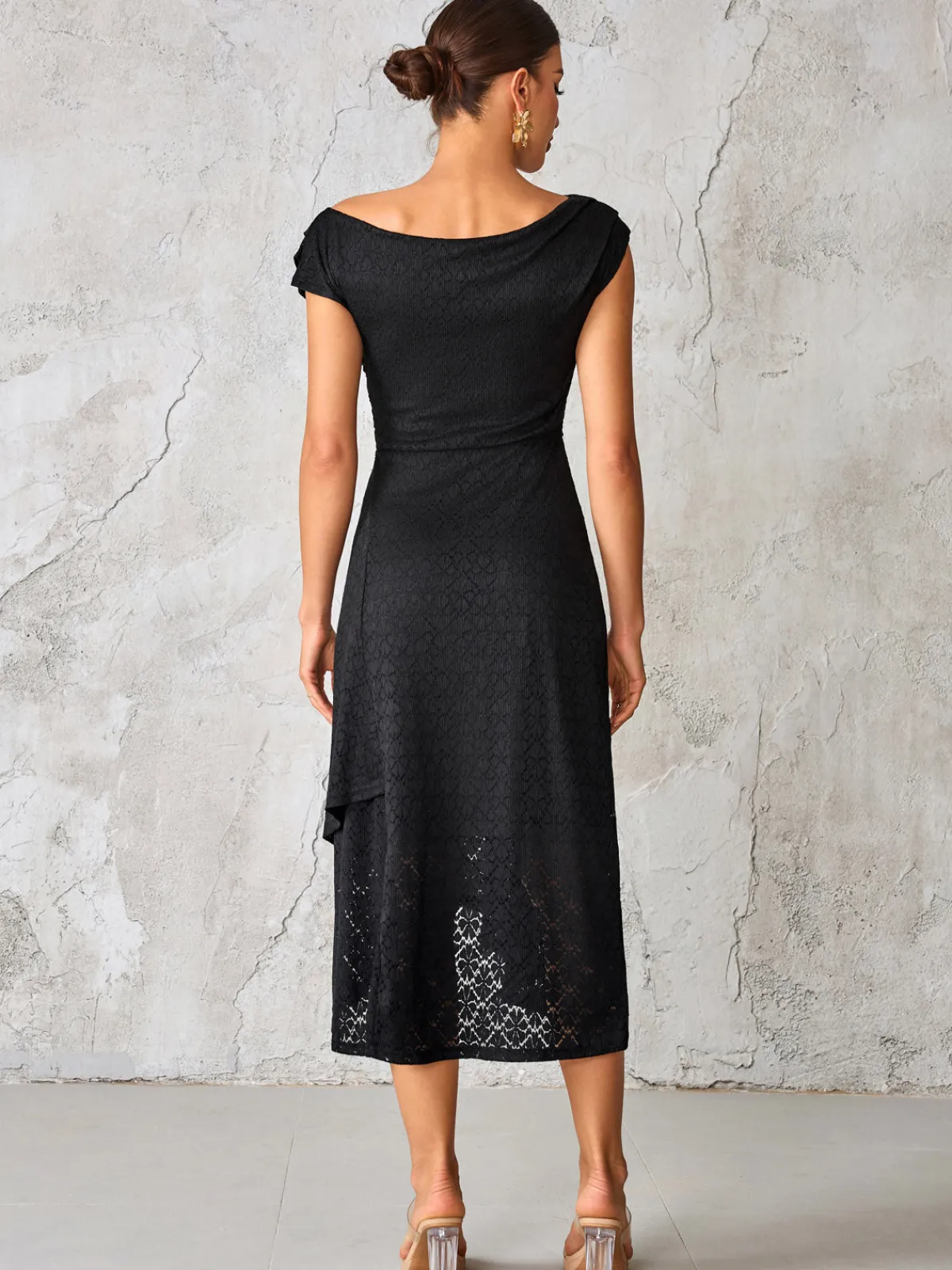 Jolie Moi Occasion Dresses|Maxi Dresses-Textured Asymmetrical Draped Midaxi Dress, Black