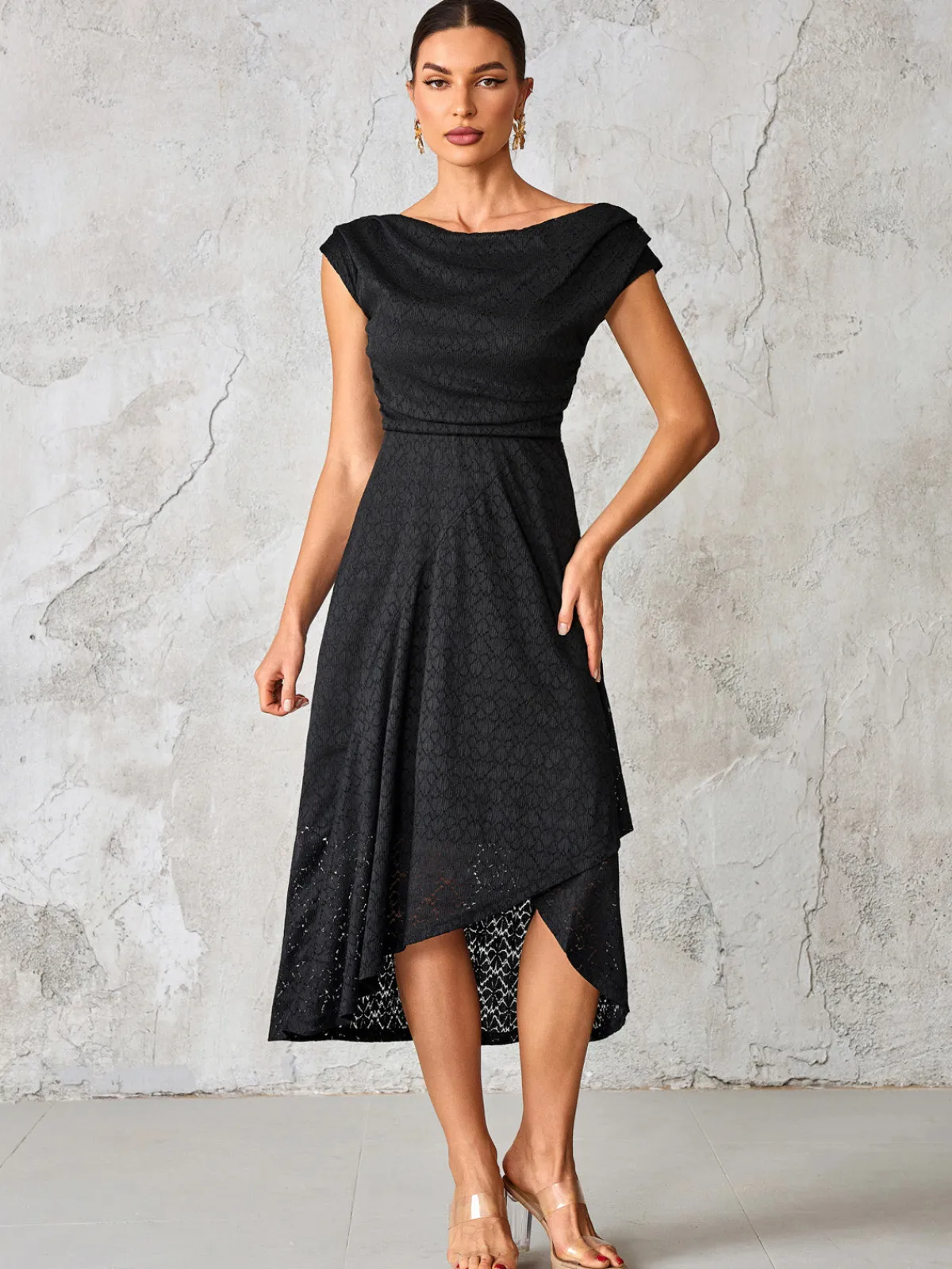Jolie Moi Occasion Dresses|Maxi Dresses-Textured Asymmetrical Draped Midaxi Dress, Black