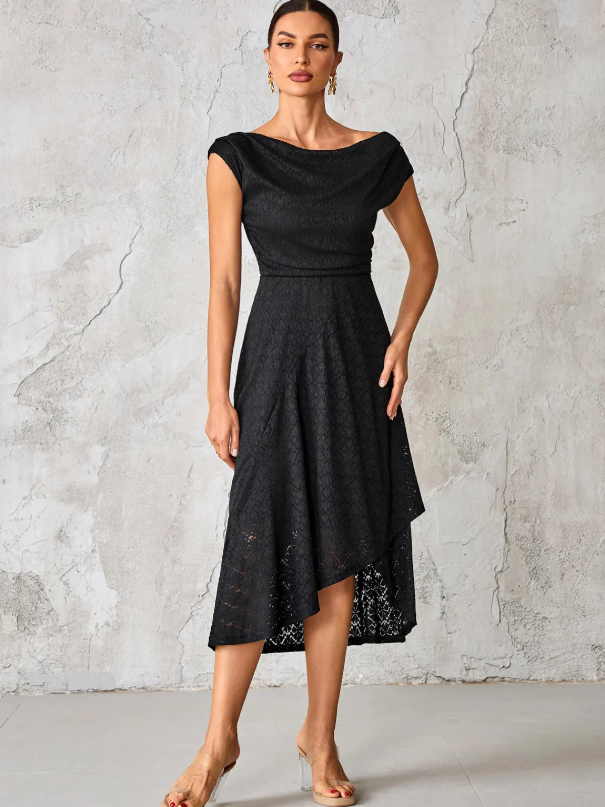 Jolie Moi Occasion Dresses|Maxi Dresses-Textured Asymmetrical Draped Midaxi Dress, Black