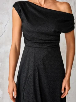 Jolie Moi Occasion Dresses|Maxi Dresses-Textured Asymmetrical Draped Midaxi Dress, Black