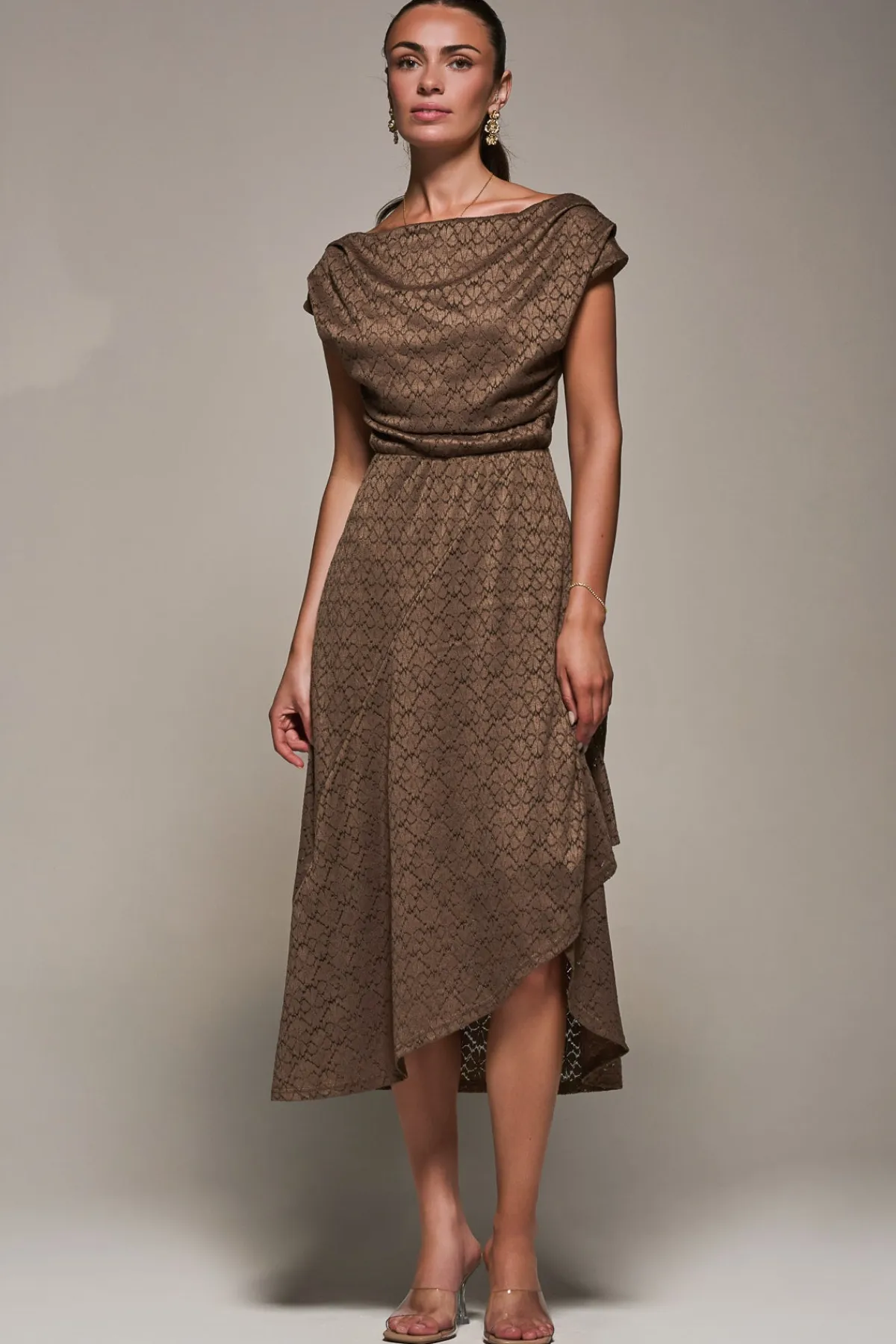 Jolie Moi Occasion Dresses-Textured Asymmetrical Draped Midaxi Dress, Brown
