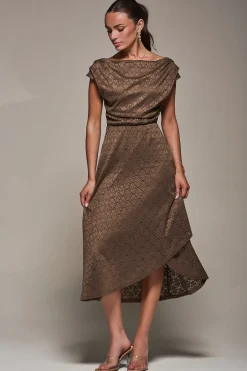 Jolie Moi Occasion Dresses-Textured Asymmetrical Draped Midaxi Dress, Brown