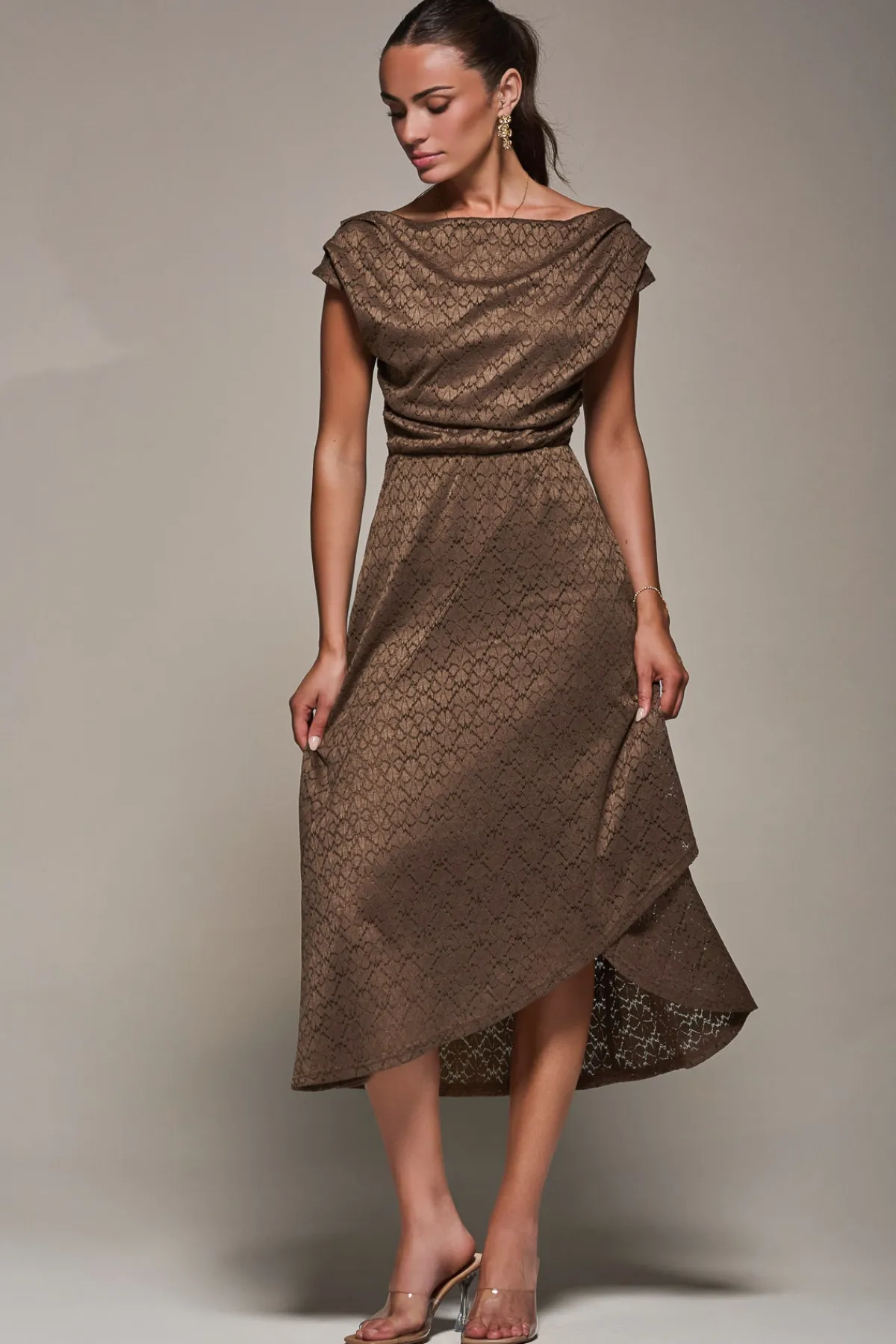 Jolie Moi Occasion Dresses-Textured Asymmetrical Draped Midaxi Dress, Brown