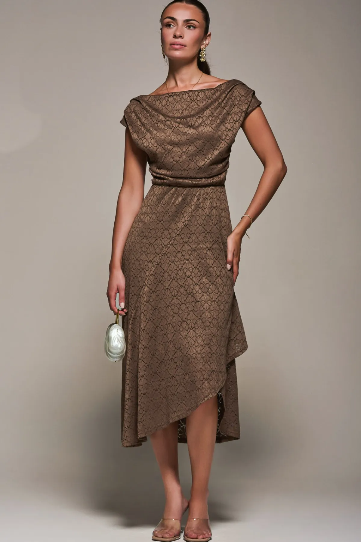 Jolie Moi Occasion Dresses-Textured Asymmetrical Draped Midaxi Dress, Brown