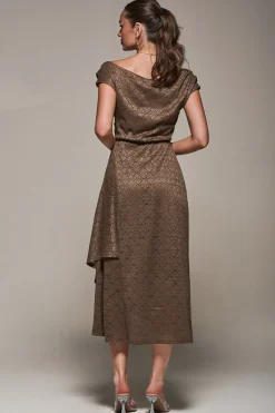 Jolie Moi Occasion Dresses-Textured Asymmetrical Draped Midaxi Dress, Brown