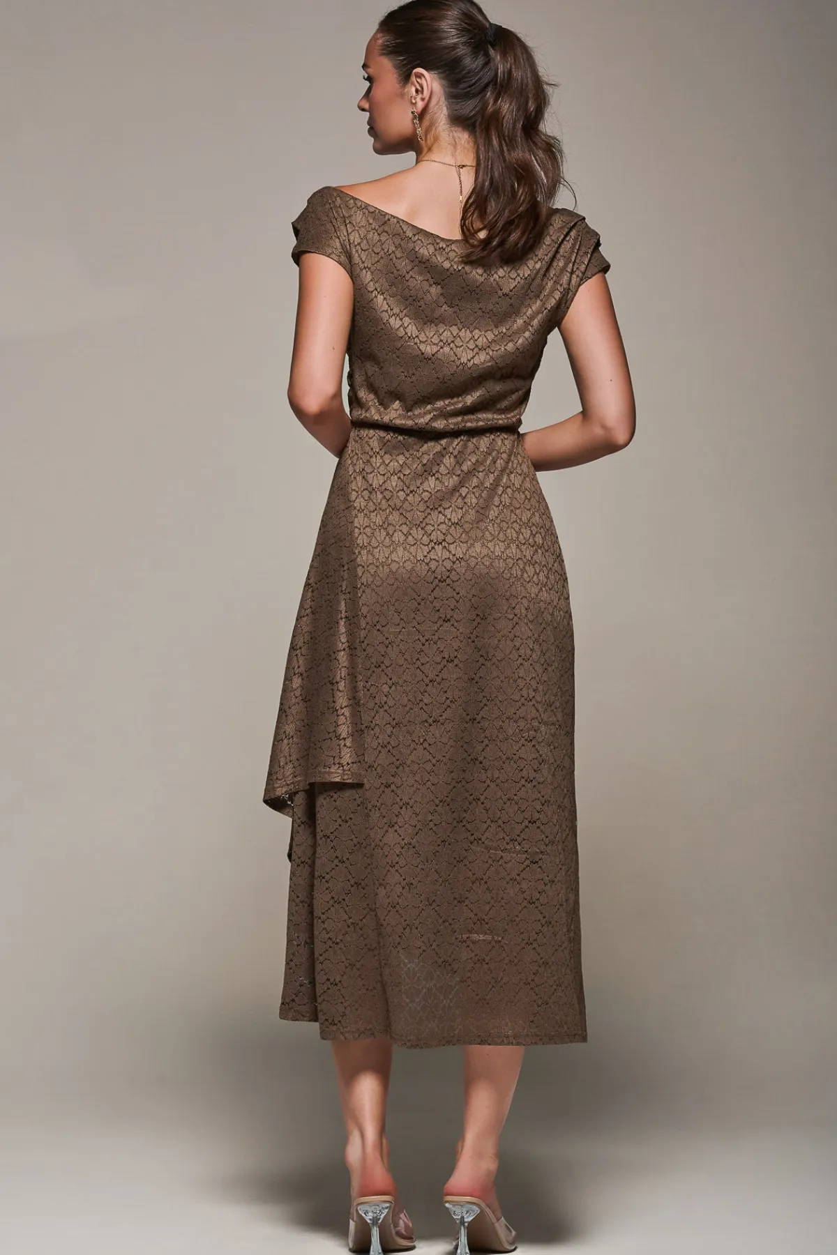 Jolie Moi Occasion Dresses-Textured Asymmetrical Draped Midaxi Dress, Brown