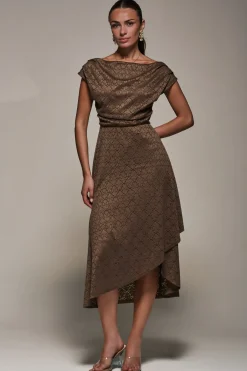 Jolie Moi Occasion Dresses-Textured Asymmetrical Draped Midaxi Dress, Brown