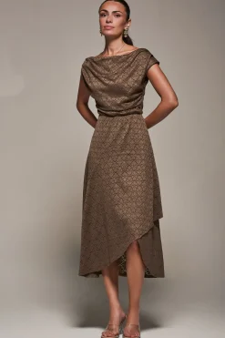 Jolie Moi Occasion Dresses-Textured Asymmetrical Draped Midaxi Dress, Brown