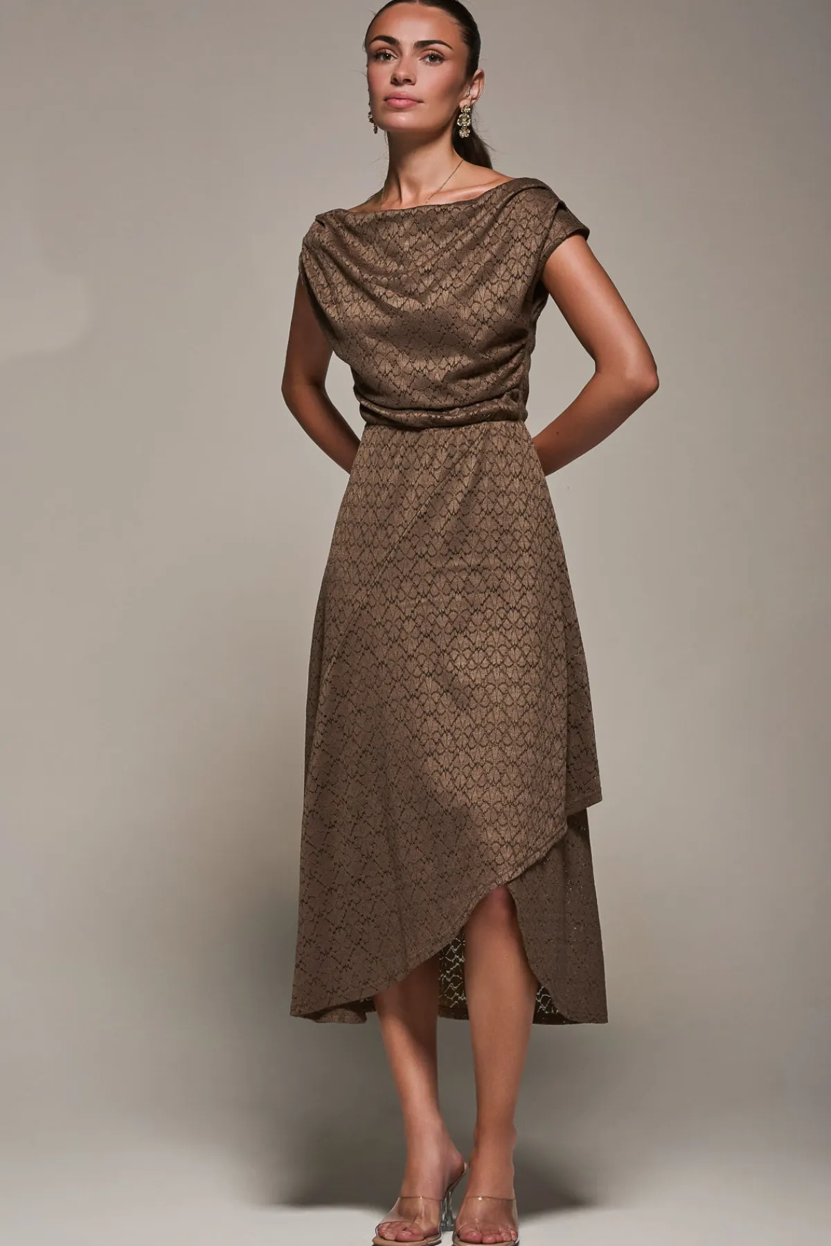 Jolie Moi Occasion Dresses-Textured Asymmetrical Draped Midaxi Dress, Brown
