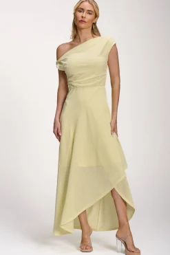 Jolie Moi Occasion Dresses|Party Dresses-Textured Asymmetric One Shoulder Maxi Dress, Butter Yellow