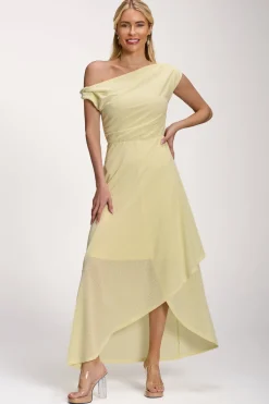 Jolie Moi Occasion Dresses|Party Dresses-Textured Asymmetric One Shoulder Maxi Dress, Butter Yellow