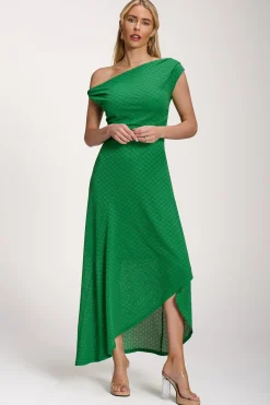 Jolie Moi Occasion Dresses|Maxi Dresses-Textured Asymmetric One Shoulder Maxi Dress, Emerald Green