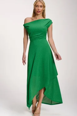 Jolie Moi Occasion Dresses|Maxi Dresses-Textured Asymmetric One Shoulder Maxi Dress, Emerald Green