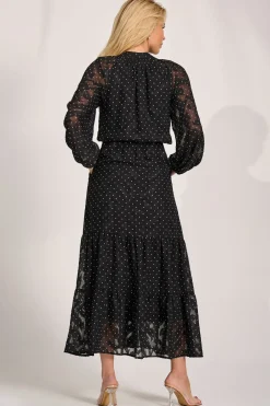 Jolie Moi Occasion Dresses|Wedding Guest-Textured Chiffon Long Sleeve Maxi Dress, Black Spot