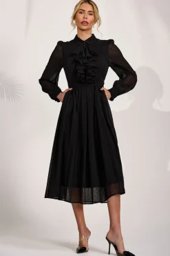 Jolie Moi Occasion Dresses|Shirt Dresses-Textured Chiffon Long Sleeve Shirt Dress, Black
