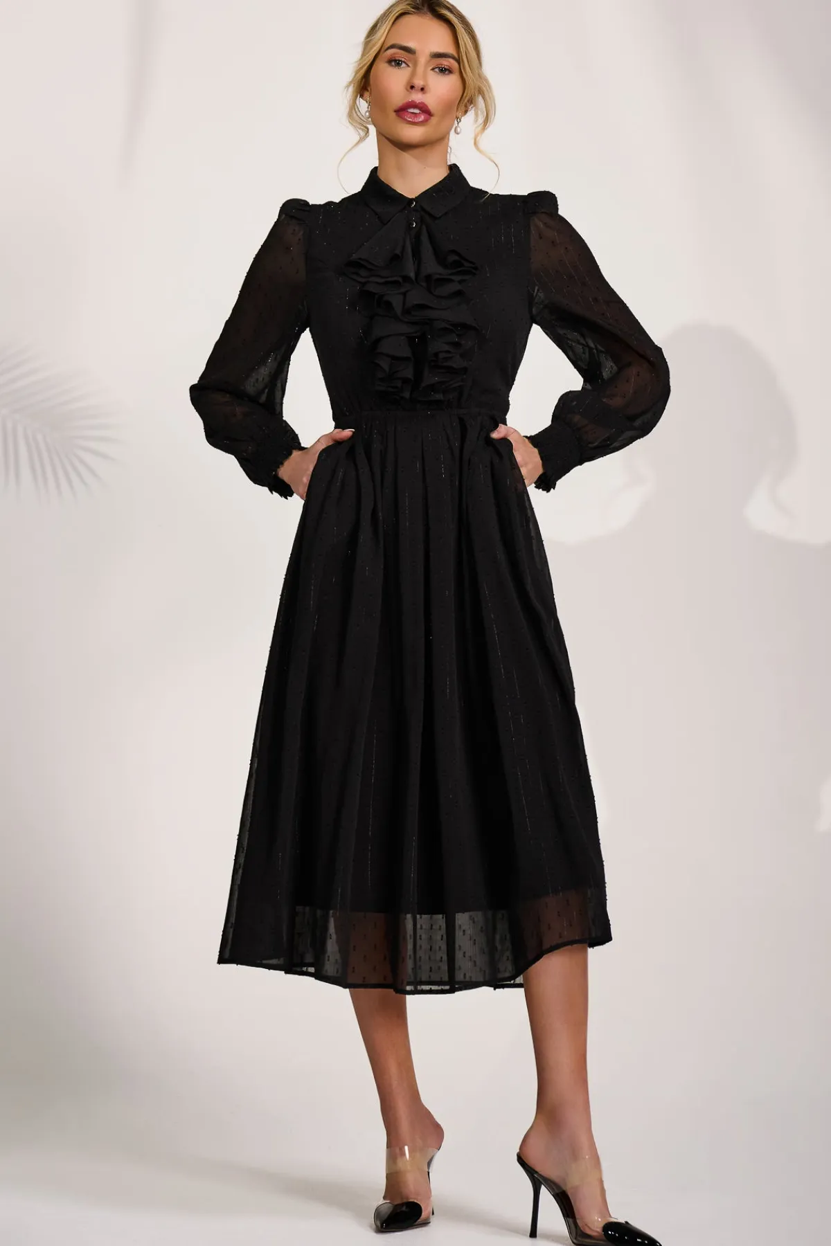 Jolie Moi Occasion Dresses|Shirt Dresses-Textured Chiffon Long Sleeve Shirt Dress, Black