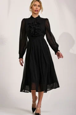 Jolie Moi Occasion Dresses|Shirt Dresses-Textured Chiffon Long Sleeve Shirt Dress, Black
