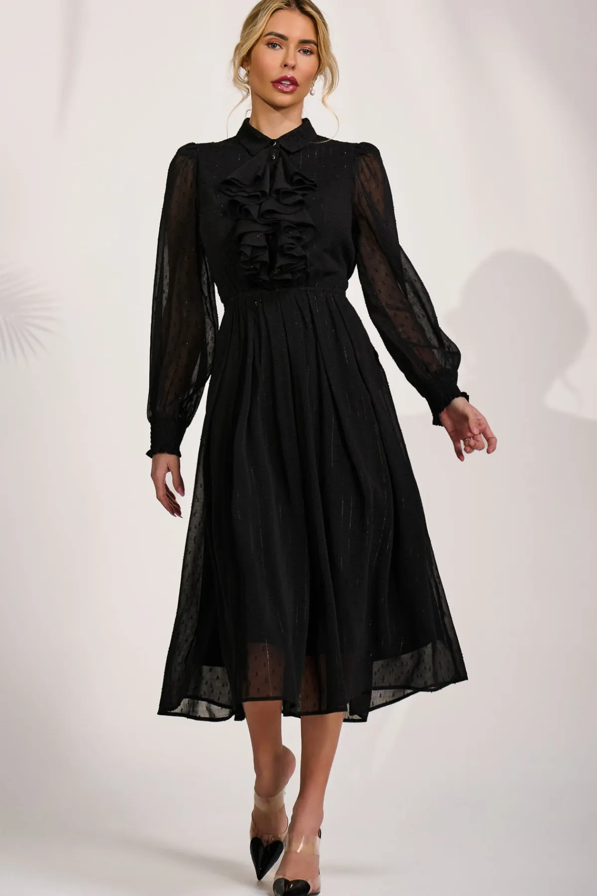 Jolie Moi Occasion Dresses|Shirt Dresses-Textured Chiffon Long Sleeve Shirt Dress, Black